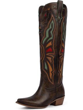 Women's Chocolate Cowboy Knee High Chunky Heel Butterfly Cowgirl Boots Wide Calf